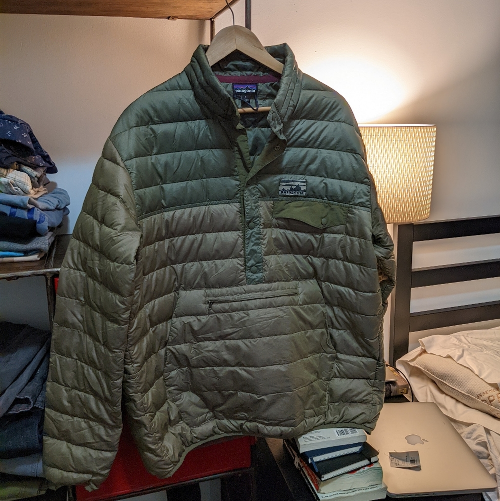 Patagonia Mens OD green Long Sleeves Snap T Kanga Pouch Zipper Puffer - large